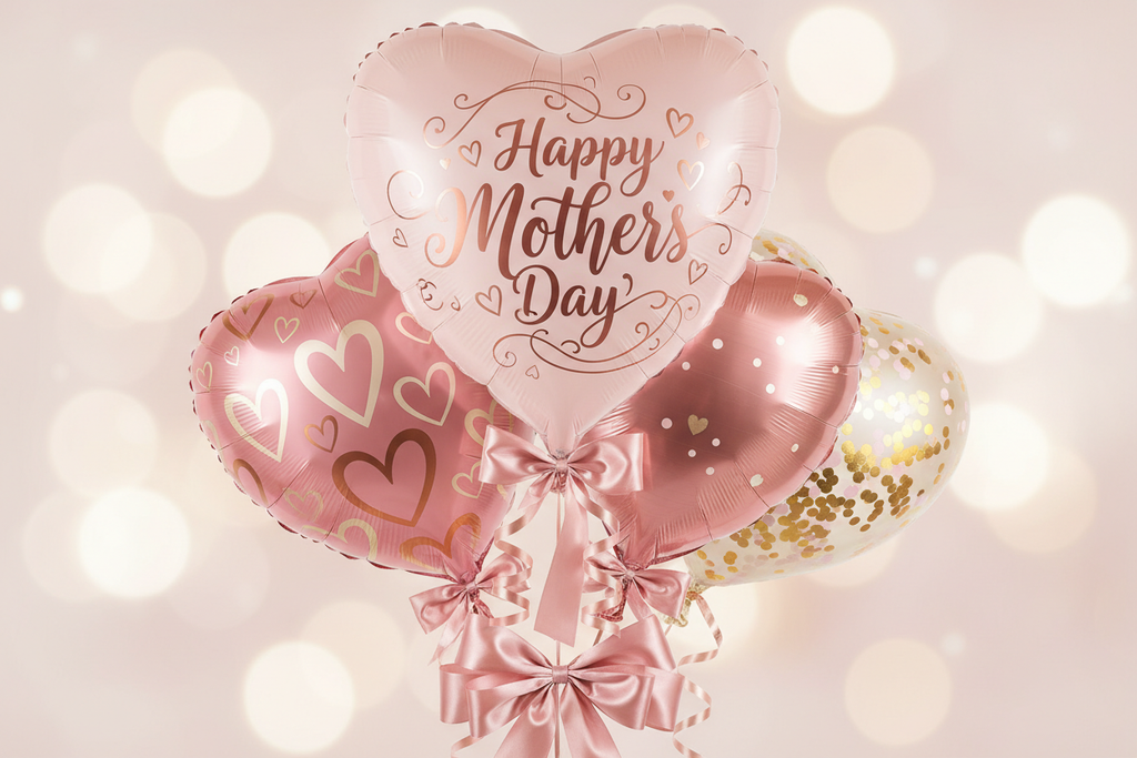 Mother's day balloon bundle with 1-5 balloons, pink themed ideally and plenty zoomed in, last couple have been very zoomed out