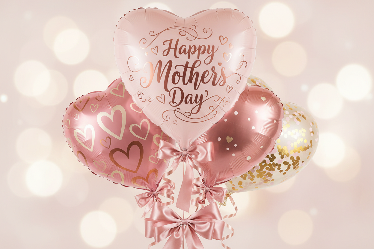 Mother's day balloon bundle with 1-5 balloons, pink themed ideally and plenty zoomed in, last couple have been very zoomed out