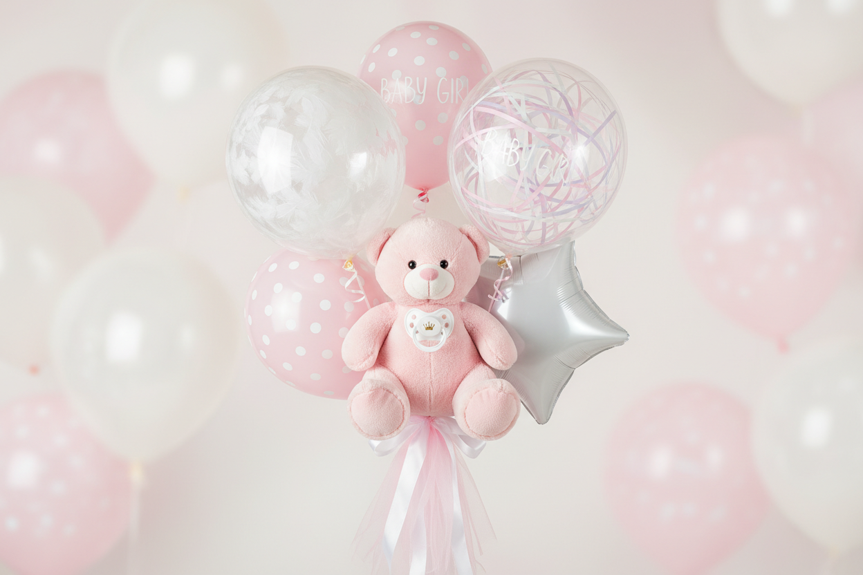 newborn baby girl balloon bundle, 1-5 balloons with a dummy and a pink teddy bear as the centrepiece