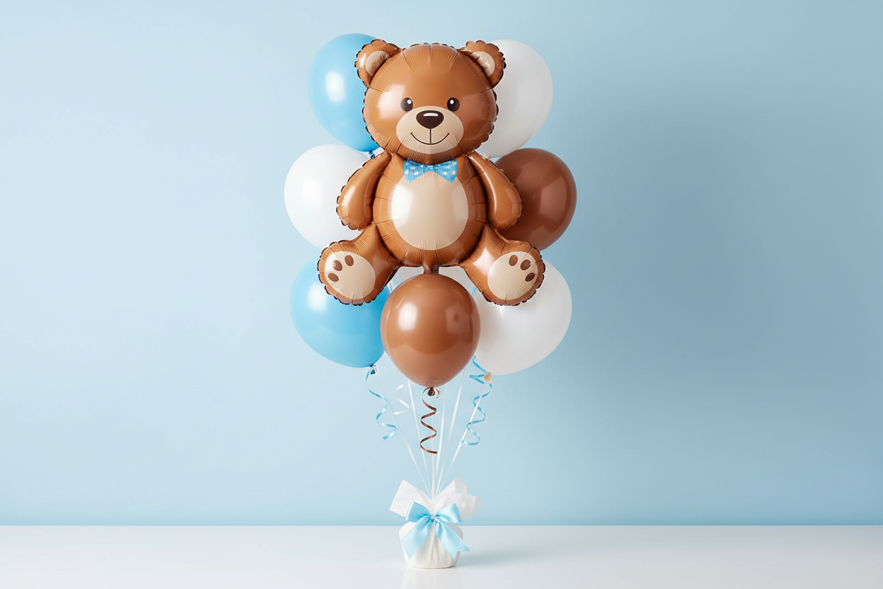 please craft a balloon bundle image for 1-5 balloons for a baby boy, include a teddy bear style balloon as the centre piece and baby blue and white and brown colour scheme